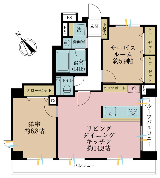 その他 1LDK+S（納戸）、専有面積64.49m2、バルコニー面積8.34m2