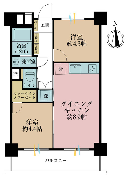 その他 2DK、専有面積42.66m2、バルコニー面積8.8m2