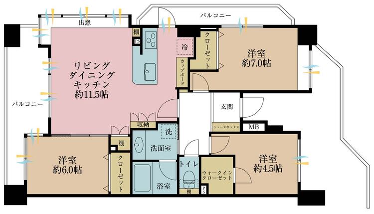 その他 3LDK、専有面積75.4m2、バルコニー面積13.34m2