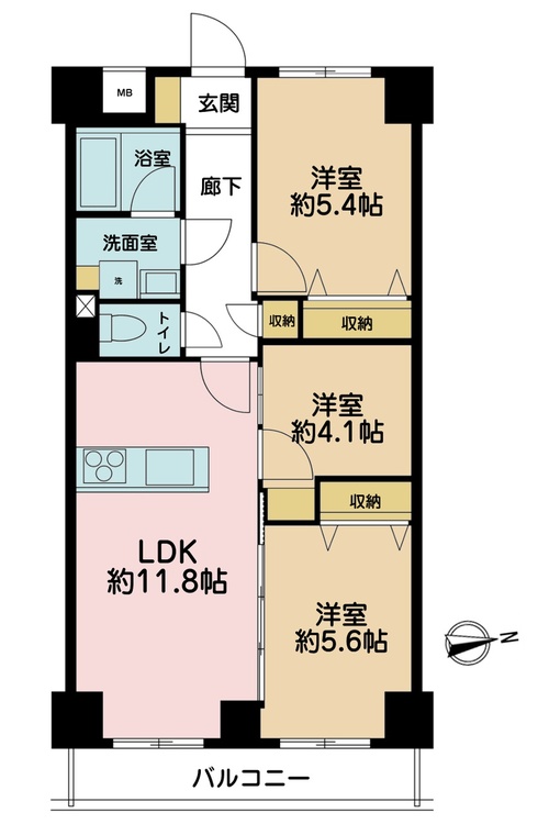 その他 3LDK、専有面積61.88m2、バルコニー面積5.6m2