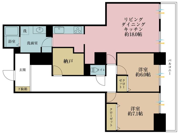 間取り ２ＳＬＤＫ、専有面積８４．３平米、バルコニー面積１２平米