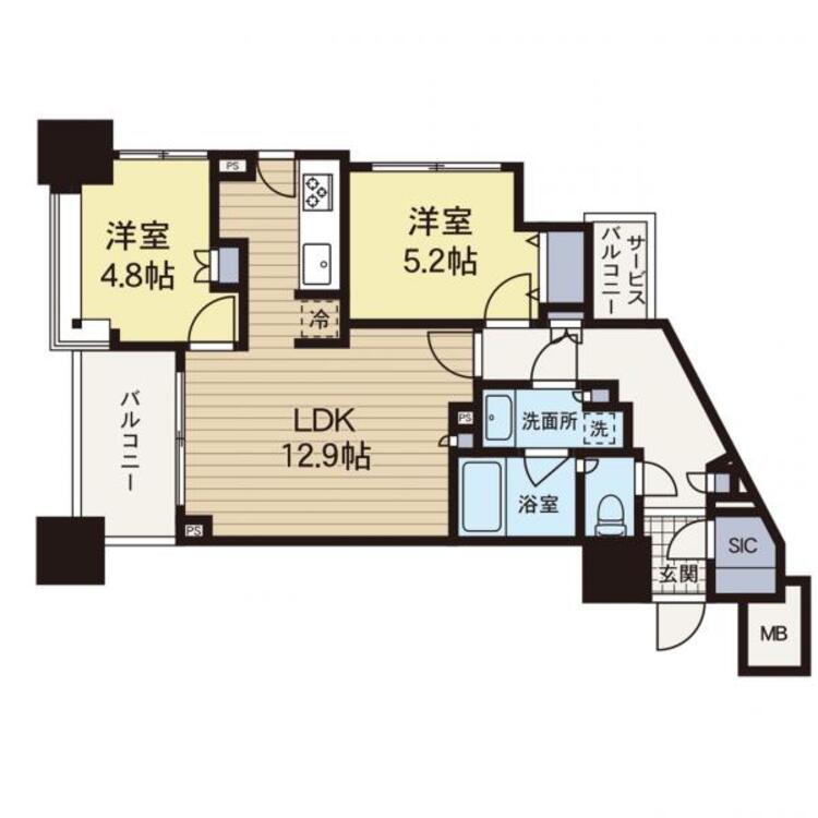 間取り 【間取り図】天井が高く開放的な2LDKタイプのお部屋です。
