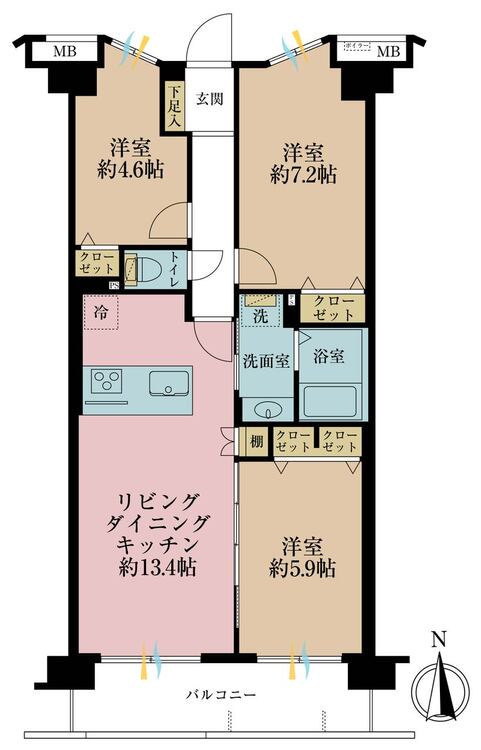 間取り ３ＬＤＫ、専有面積６７．３１平米、バルコニー面積８．７平米