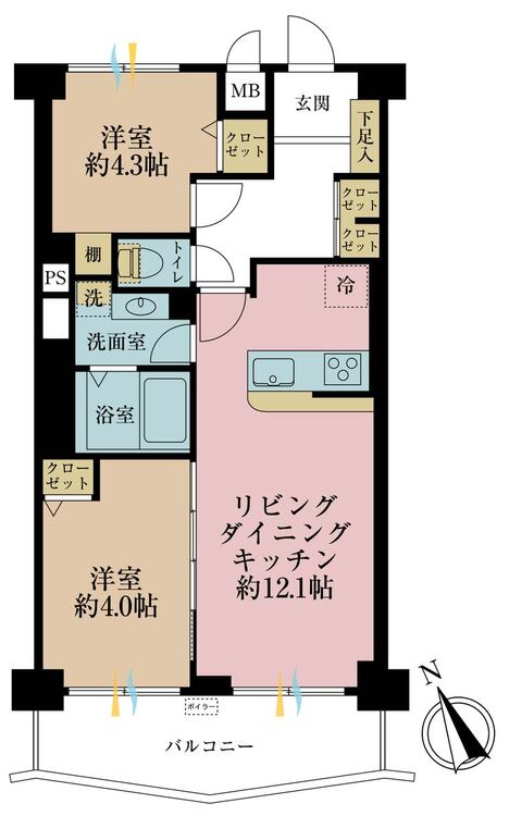 間取り ２ＬＤＫ、専有面積５５平米、バルコニー面積６．３平米