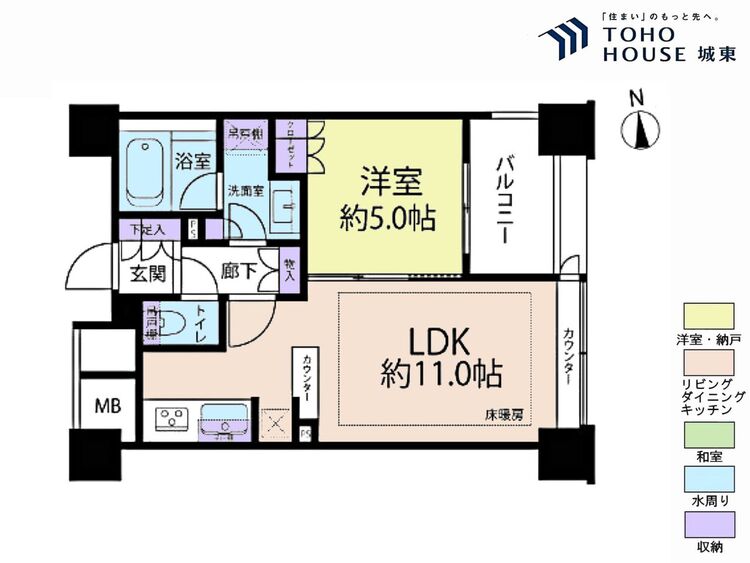 間取り １ＬＤＫ、専有面積４０．１３平米、バルコニー面積４．２８平米