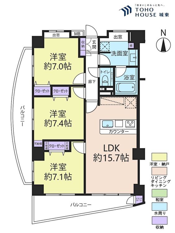 間取り ３ＬＤＫ、専有面積８０．３平米、バルコニー面積２１．６平米