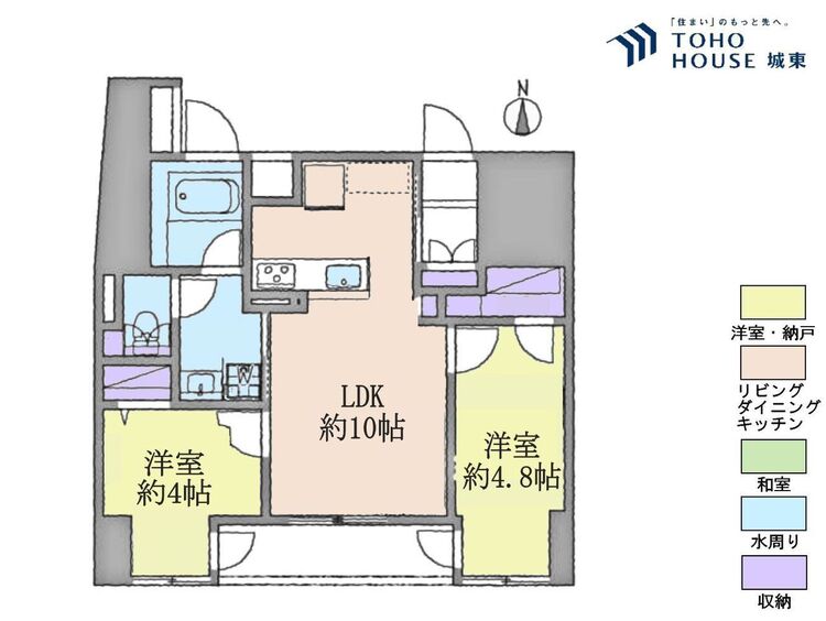 間取り ２ＬＤＫ、専有面積４５．４４平米、バルコニー面積４．２４平米