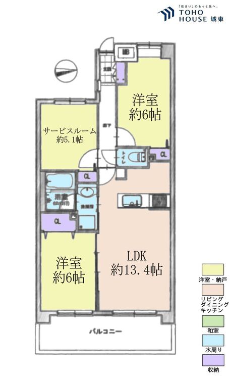 間取り ２ＳＬＤＫ、専有面積６４．３３平米、バルコニー面積１０．２０平米
