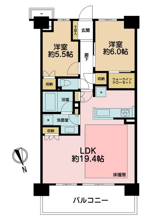 その他 2LDK、専有面積68.36m2、バルコニー面積12.1m2