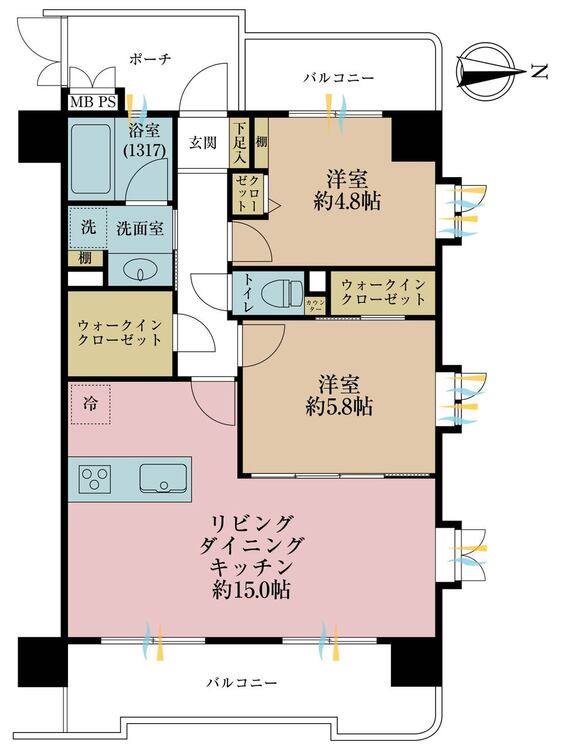 その他 2LDK、専有面積58.53m2、バルコニー面積14.46m2