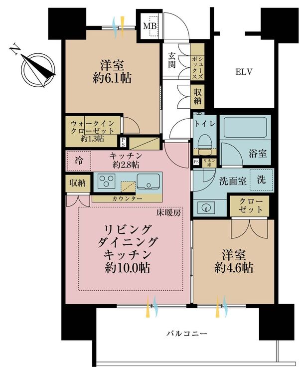 間取り ２ＬＤＫ、専有面積５６．２４平米、バルコニー面積確認中